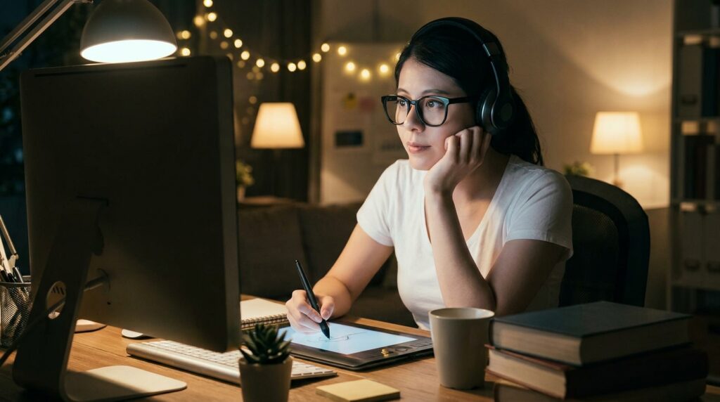 O que é Copy? Os Princípios e O Que Você Precisa Saber Sobre Copy 2 Uma jovem de óculos e com uma tatuagem no braço trabalha em frente a um computador em um escritório à noite. Ela usa fones de ouvido, segura uma caneta digital e está com a mão no queixo, com uma expressão pensativa. Ao seu lado, há uma planta e livros. O ambiente está com iluminação suave, sugerindo que ela está trabalhando na criação de copy ou outro conteúdo digital.