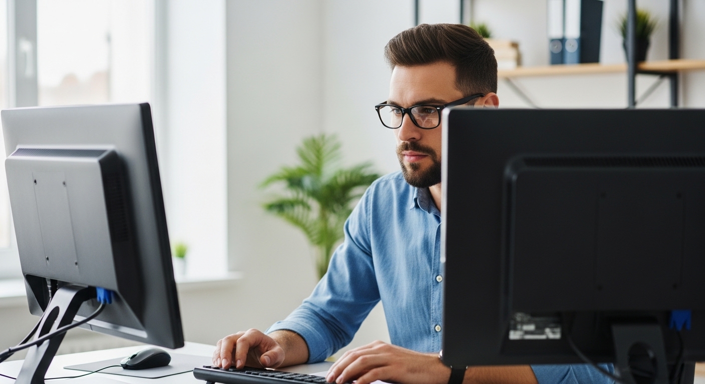 Profissional de afiliados em seu ambiente de trabalho, usando óculos e camisa azul, concentrado em frente a dois computadores. A cena representa o trabalho dedicado e estratégico no marketing de afiliação, com um homem analisando dados e planejando suas estratégias de negócio.