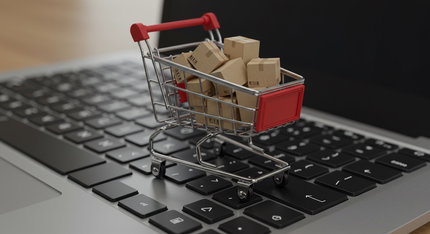 Carrinho de compras em miniatura sobre um teclado de laptop, representando o e-commerce e o potencial de ganhos em programas de afiliados. As caixas no carrinho sugerem transações online e oportunidades de marketing de afiliação.