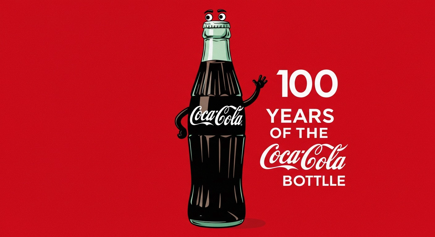 Tendências de Marketing de Conteúdo para 2025: O Que Está em Alta e Como Aplicar 6 Imagem de uma ilustração comemorativa da Coca-Cola em fundo vermelho, com a icônica garrafa preta ao centro e o logotipo branco da marca. Na parte superior da garrafa, há um personagem animado com olhos. Na parte inferior, lê-se "100 YEARS OF THE COCA-COLA BOTTLE", celebrando o centenário do design. Um exemplo clássico de Marketing de Conteúdo que utiliza a nostalgia e o design icônico para fortalecer a conexão emocional com a marca.