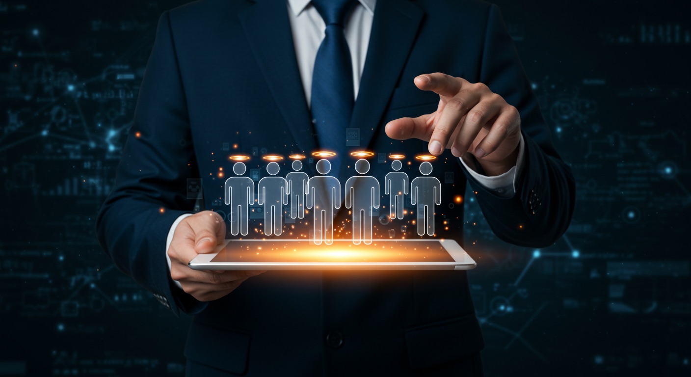 Executivo manipulando uma projeção digital de figuras humanas em um tablet, representando a gestão de leads e potenciais clientes. A tecnologia permite identificar, segmentar e nutrir leads através de uma abordagem personalizada no marketing digital.