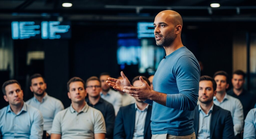 Um palestrante experiente conduz uma apresentação envolvente, utilizando uma dicção clara e precisa para transmitir sua mensagem de forma eficaz. A plateia, atenta, acompanha cada palavra, demonstrando o impacto de uma boa comunicação na transmissão de ideias.