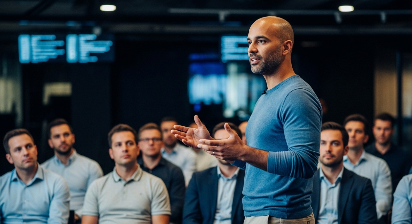 Um palestrante experiente conduz uma apresentação envolvente, utilizando uma dicção clara e precisa para transmitir sua mensagem de forma eficaz. A plateia, atenta, acompanha cada palavra, demonstrando o impacto de uma boa comunicação na transmissão de ideias.