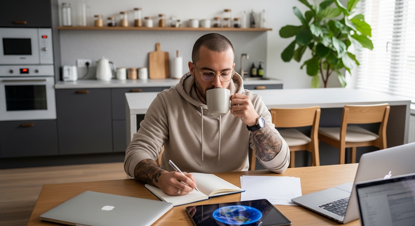 O que é Copy? Os princípios e o que você precisa saber sobre Copy 2 Um homem, em seu escritório, com uma xícara de café ao lado e um laptop aberto, criando textos de copy para uma campanha de marketing ou publicidade digital.