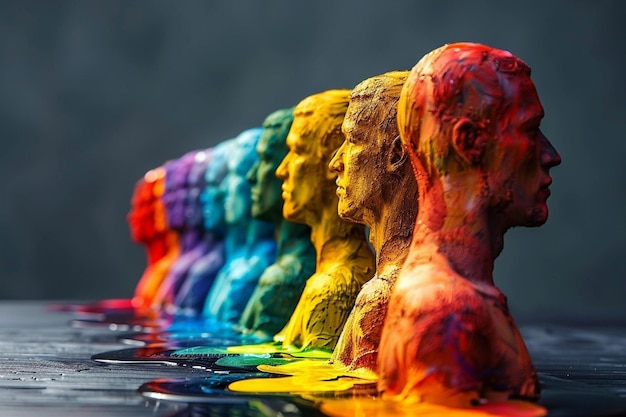 Escultura de bustos humanos coloridos em um gradiente de cores do arco-íris, com tinta escorrendo. A Psicologia das Cores pode ser explorada aqui, com cada cor representando um significado emocional, como dinamismo, energia e paz.