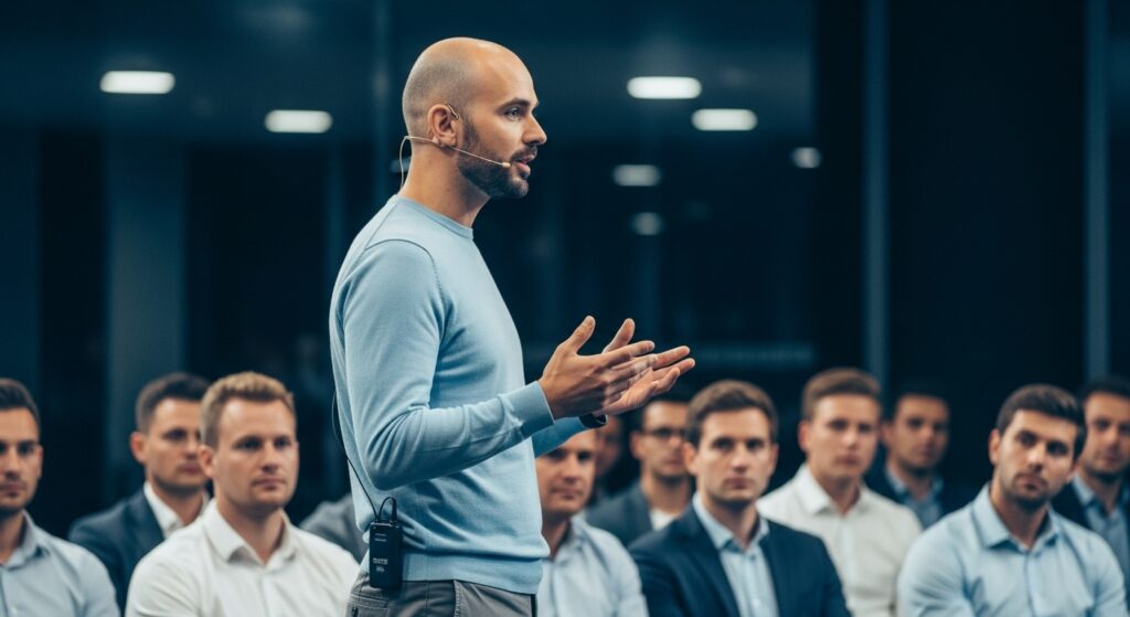 Um homem careca, com barba rala, usando um suéter azul claro e um microfone de lapela, gesticula com as mãos enquanto fala para uma plateia de homens de negócios. A imagem foca no orador em destaque, com a plateia embaçada ao fundo, reforçando a importância da boa dicção e da comunicação eficaz em ambientes profissionais.
