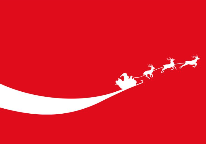 Imagem da Coca-Cola representada por um fundo vermelho com o papai-noel no treno com suas renas. Mostrando o Poder da Psicologia das Cores