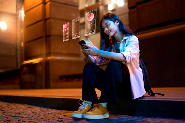 Jovem sentado em um degrau de rua à noite, sorrindo enquanto interage com um smartphone, com hologramas digitais representando Social Media. O envolvimento nas plataformas de Mídias Sociais