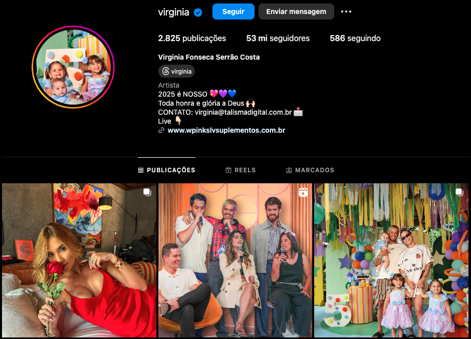 O perfil do Instagram de Virginia Fonseca Serrao Costa, uma influenciadora brasileira com 53 milhões de seguidores. Seu perfil apresenta fotos vibrantes, incluindo momentos familiares e atualizações pessoais. Muitos influenciadores como a Virginia também utilizam cursos online para aprimorar suas estratégias nas redes sociais e aumentar sua audiência.