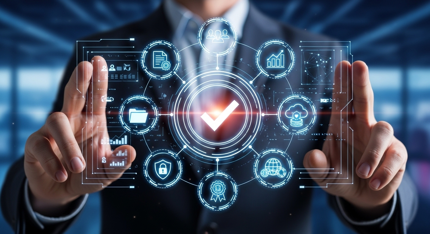 Automação de Marketing: O Que É e Como Pode Transformar Seu Negócio 5 Interface digital representando processos de Automação de Marketing, com ícones tecnológicos interconectados ao redor de um selo de qualidade, simbolizando gestão automatizada, análise de dados, segmentação de público, segurança da informação e eficiência em campanhas digitais.