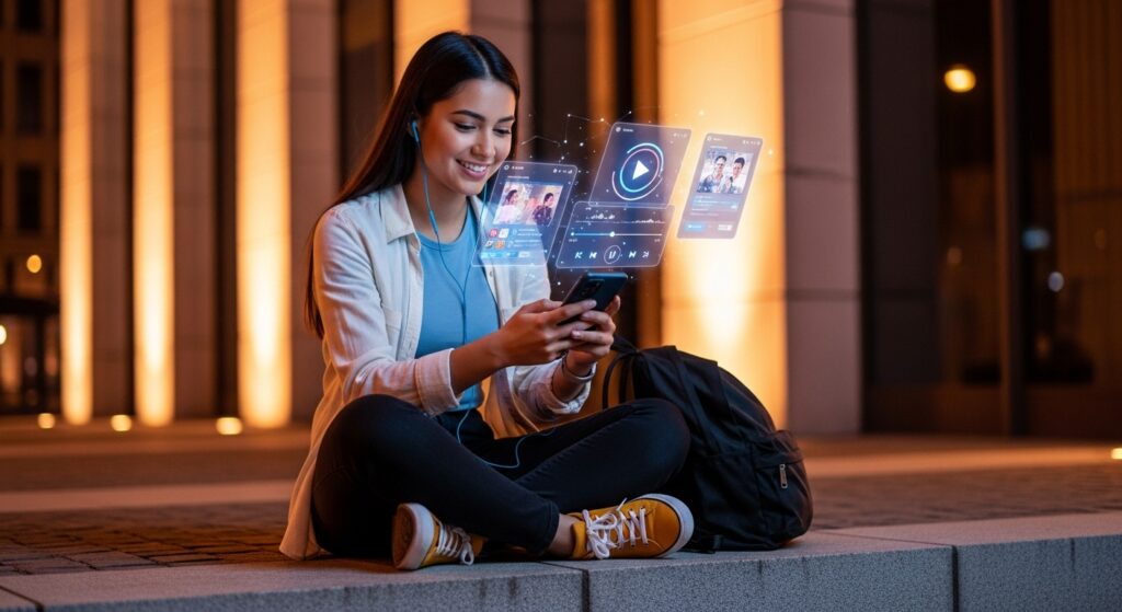 Jovem sentado em um degrau de rua à noite, sorrindo enquanto interage com um smartphone, com hologramas digitais representando Social Media. O envolvimento nas plataformas de Mídias Sociais