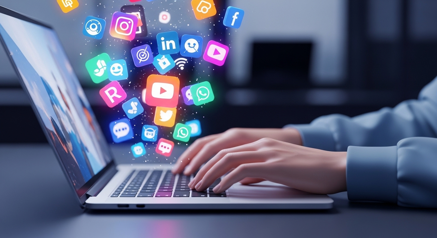 Pessoa escreveu em um laptop com ícones flutuantes de redes sociais, simbolizando estratégias de marketing digital e engajamento online.