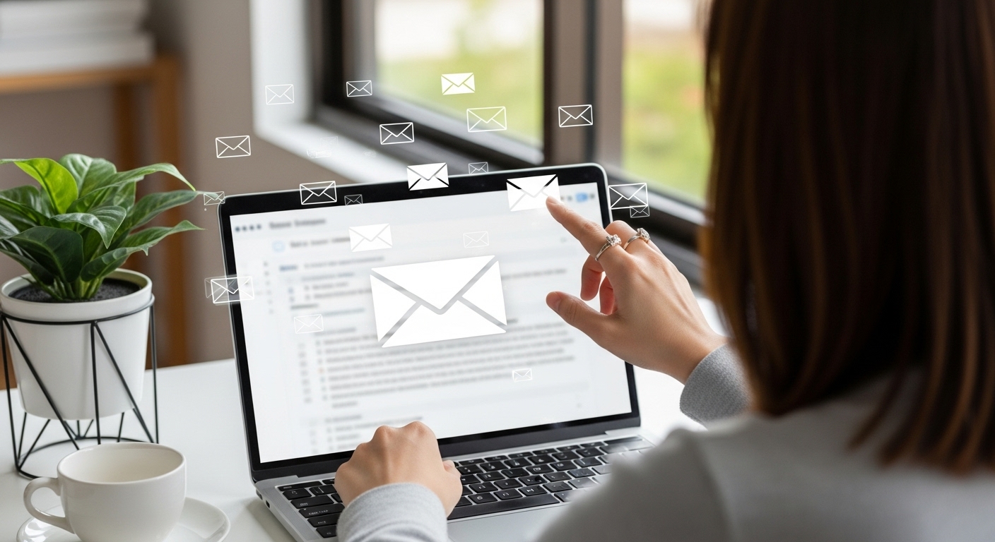 Mulher interagindo com um laptop, rodeada por ícones digitais de e-mails voando, ilustrando o recebimento e envio de newsletters por e-mail marketing.