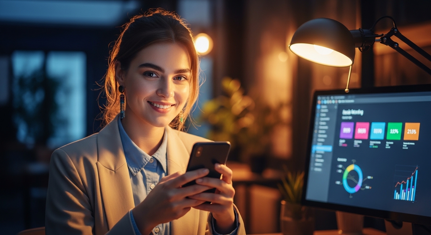 Tudo sobre Social Media: Descubra o que É, Principais Funções e Salários no Mercado Atual 4 Mulher sorridente segurando o celular em um ambiente corporativo, com gráficos de métricas de social media ao fundo. O sucesso no marketing digital depende de uma estratégia eficaz de mídia social para alcançar mais público.