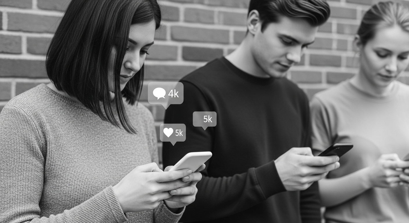 Tudo sobre Social Media: Descubra o que É, Principais Funções e Salários no Mercado Atual 1 Três pessoas lado a lado, segurando seus celulares, com interações digitais como curtidas e comentários aparecendo acima das telas. O impacto das Social Media nas redes humanas é visível na busca por engajamento e reconhecimento online