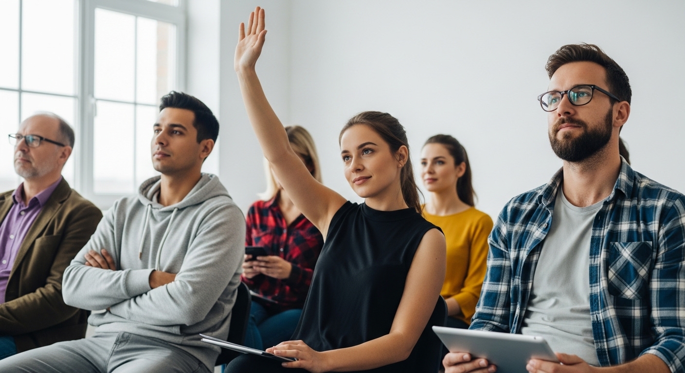 Como Melhorar sua Dicção em Menos de 1 Minuto 1 Em um ambiente de aprendizado, uma jovem levanta a mão para participar da discussão. Sua postura e confiança mostram como uma boa dicção é essencial para se expressar com clareza e ser compreendido pelos outros. Ao seu redor, os demais participantes também demonstram interesse, reforçando a importância de uma comunicação eficaz.