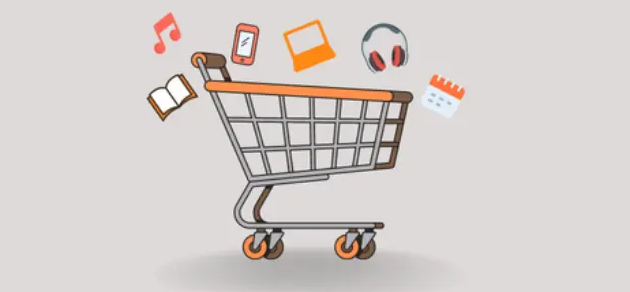 Renda Extra Online: Como Transformar suas Redes Sociais em Lucro 2 Ilustração de carrinho de compras com produtos digitais, simbolizando oportunidades de renda extra online com infoprodutos e conteúdos digitais.