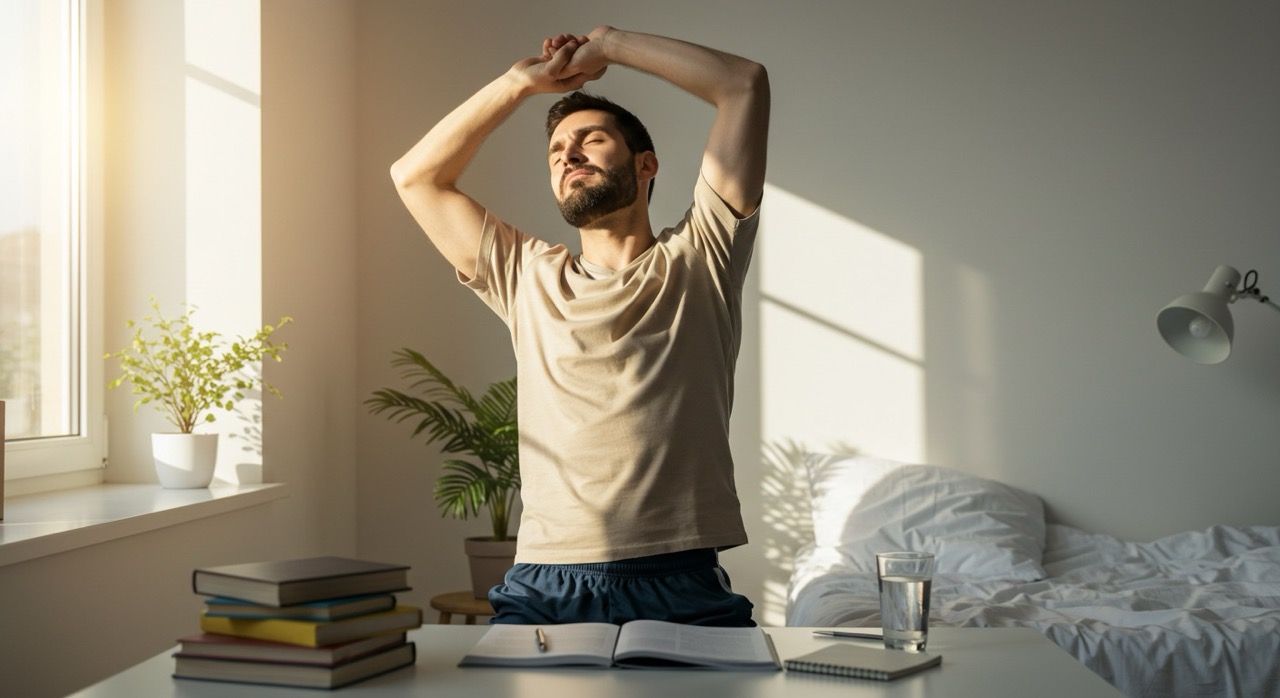 Como Estudar: 6 Segredos para Você Estudar Melhor em 2025 1 Homem se espreguiçando ao acordar em um quarto iluminado, pronto para estudar com energia logo pela manhã.