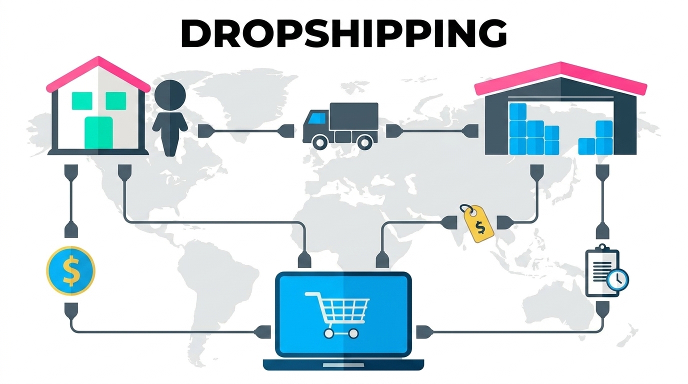 Renda Extra Online: Como Transformar suas Redes Sociais em Lucro 3 Ilustração do modelo de dropshipping conectando fornecedor, loja virtual e cliente, representando uma forma prática de gerar renda extra online sem estoque próprio.