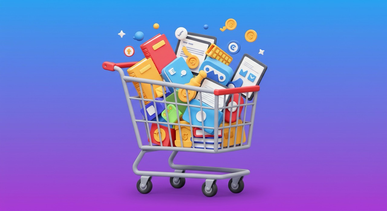 Renda Extra Online: Como Transformar suas Redes Sociais em Lucro 2 Ilustração de carrinho de compras com produtos digitais, simbolizando oportunidades de renda extra online com infoprodutos e conteúdos digitais.