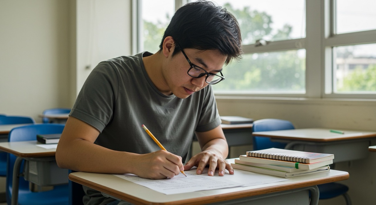 Como Estudar: 6 Segredos para Você Estudar Melhor em 2025 2 Pessoa preenchendo prova em sala de aula, representando momento de estudar com foco e concentração.