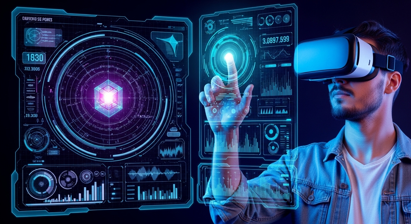 Como Usar a Inteligência Artificial? 7 Dicas Valiosas Para o Seu Negócio 3 Uma imagem vibrante de um homem usando óculos de realidade virtual, com a mão estendida como se estivesse interagindo com uma interface digital projetada no ar. A cena representa a imersão em ambientes virtuais e a interação com sistemas avançados de Inteligência Artificial.