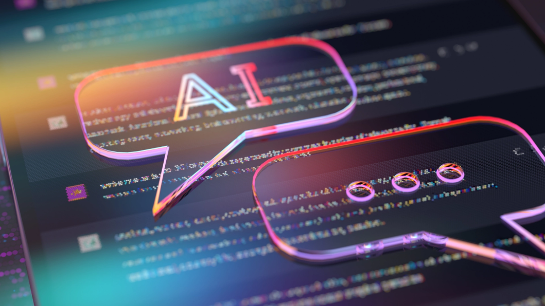 Como Usar a Inteligência Artificial? 7 Dicas Valiosas Para o Seu Negócio 7 Uma imagem digital abstrata com dois balões de fala holográficos em primeiro plano, que parecem flutuar sobre um fundo desfocado de código de programação ou dados. Os contornos dos balões são iluminados em tons de rosa e azul, e a imagem, com a palavra-chave de foco Inteligência Artificial, evoca a comunicação e interação com sistemas de IA.