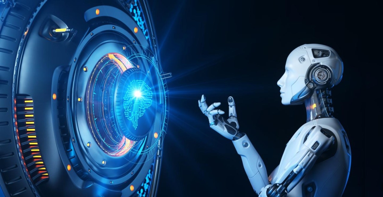 Como Usar a Inteligência Artificial? 7 Dicas Valiosas Para o Seu Negócio 8 Uma imagem futurista que destaca a Inteligência Artificial. No lado direito, um robô humanoide de aparência elegante e cor branca, com detalhes mecânicos visíveis, está com a mão direita levantada, aparentemente interagindo ou observando um grande portal ou dispositivo circular futurista no lado esquerdo da imagem. Este dispositivo emite um brilho azul intenso do seu centro, onde um contorno luminoso de um cérebro é visível, simbolizando o poder de processamento ou o núcleo da IA. A cena é contra um fundo escuro, com feixes de luz e circuitos digitais sutis, enfatizando a alta tecnologia.