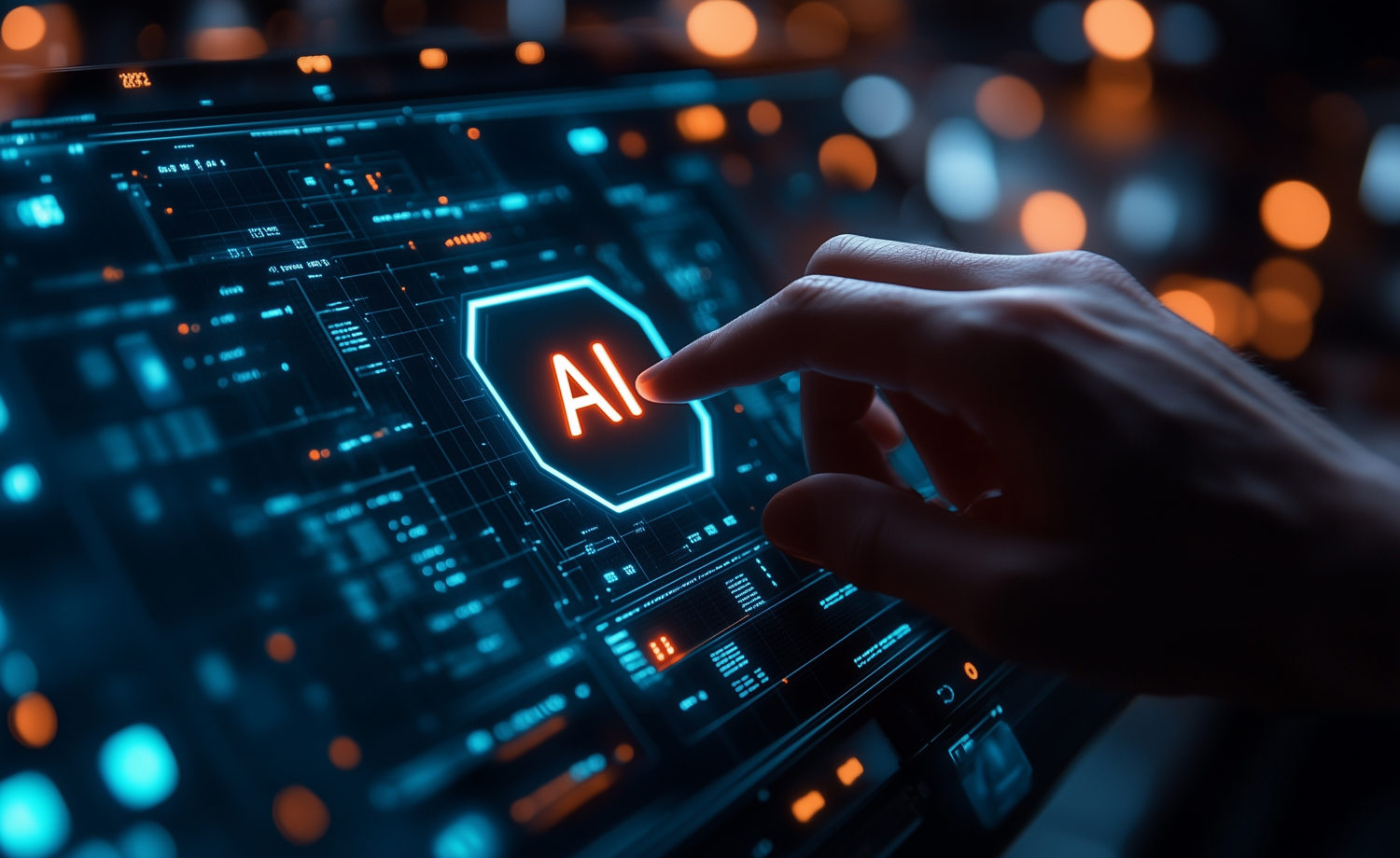 Como Usar a Inteligência Artificial? 7 Dicas Valiosas Para o Seu Negócio 10 Uma imagem em close-up de uma mão humana tocando uma tela digital futurista, que exibe uma interface de usuário complexa com gráficos, dados e diagramas luminosos em tons de azul e laranja. No centro da tela, um ícone hexagonal brilhante contém as letras "AI" (de Artificial Intelligence) em destaque, com um brilho alaranjado, indicando que a pessoa está interagindo diretamente com um sistema de Inteligência Artificial. O fundo é desfocado com luzes bokeh, sugerindo um ambiente tecnológico.
