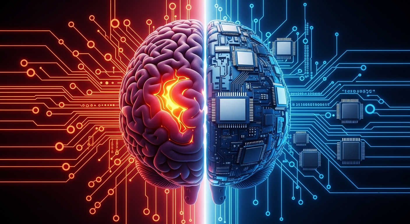 Uma imagem visualmente marcante que representa a união da Inteligência Artificial com o cérebro humano. As duas metades se encontram no centro, simbolizando a integração ou a dualidade entre a mente biológica e a Inteligência Artificial.