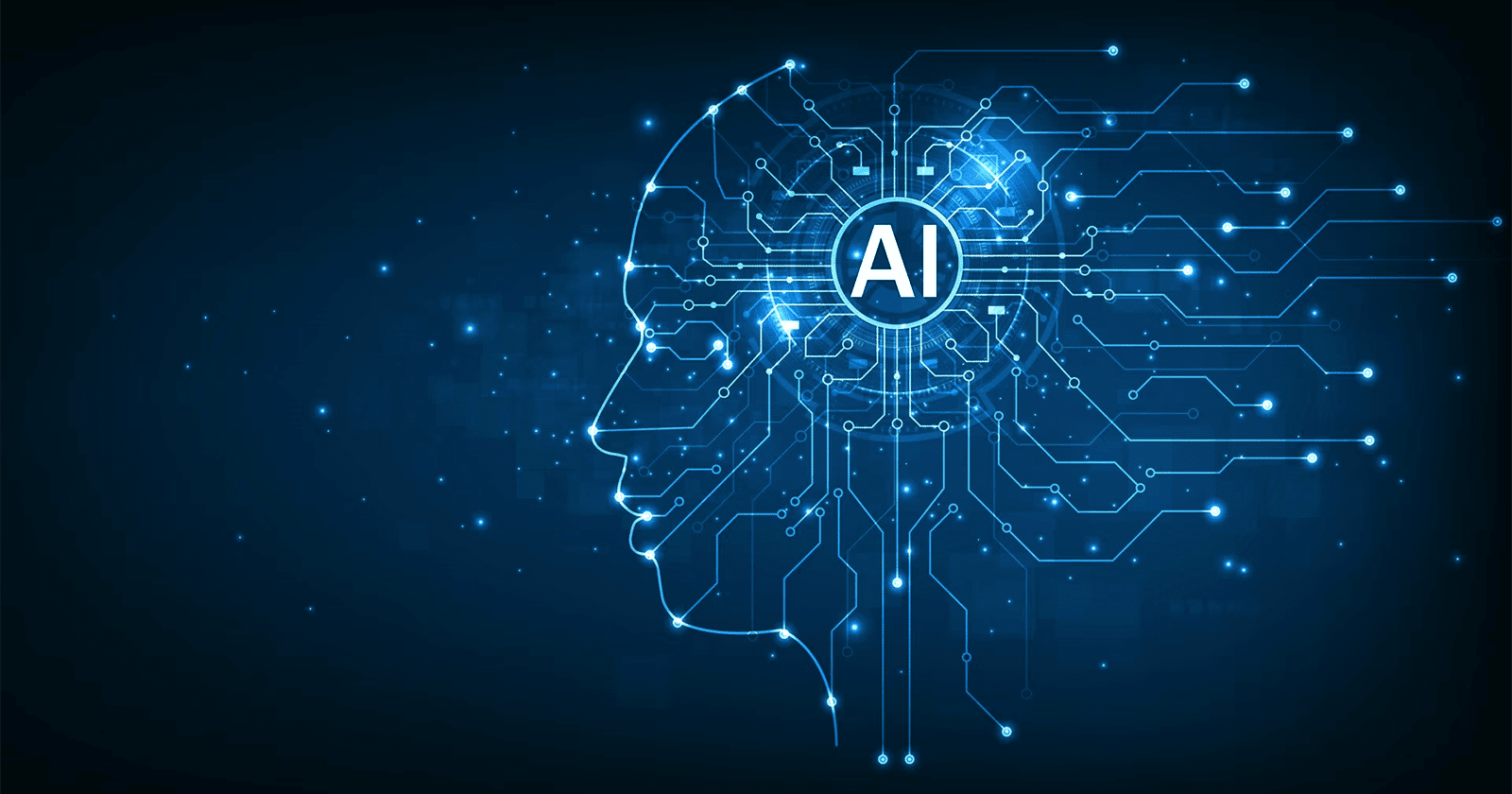 Como Usar a Inteligência Artificial? 7 Dicas Valiosas Para o Seu Negócio 1 Uma imagem abstrata e futurista que ilustra o conceito de Inteligência Artificial. No lado direito, o contorno de um perfil de cabeça humana é formado por linhas finas e brilhantes, simulando circuitos digitais interconectados.