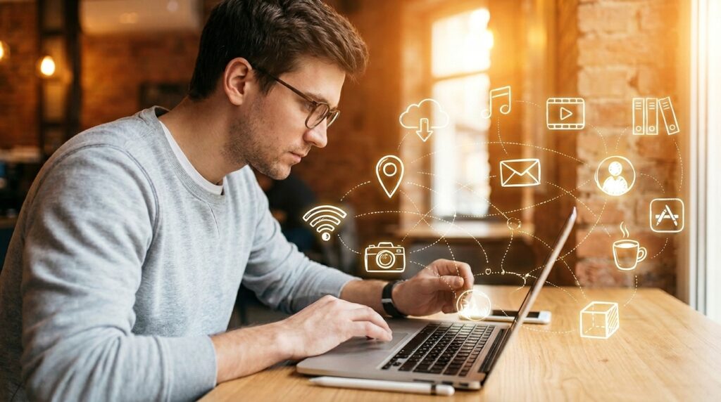 Um homem, possivelmente um desenvolvedor ou designer, trabalha em um notebook. Vários ícones digitais e esquemáticos, representando o conceito de produtos digitais, flutuam e se conectam ao redor da tela do computador, ilustrando o processo de criação e interconexão de sistemas e funcionalidades.
