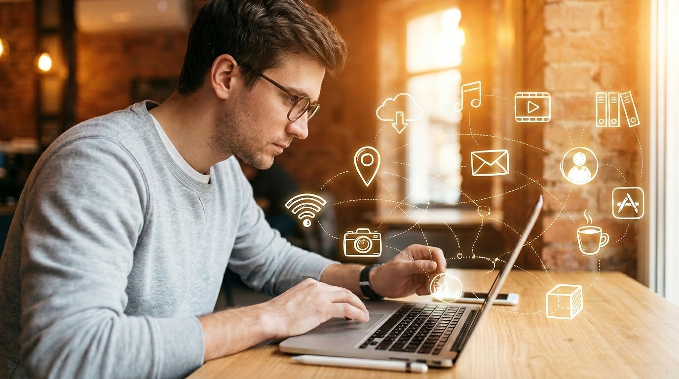 Um homem, possivelmente um desenvolvedor ou designer, trabalha em um notebook. Vários ícones digitais e esquemáticos, representando o conceito de produtos digitais, flutuam e se conectam ao redor da tela do computador, ilustrando o processo de criação e interconexão de sistemas e funcionalidades.