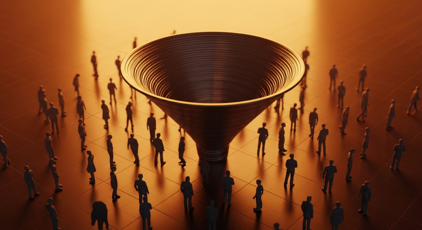 Funil de Quiz: Como Transformar seu Quiz em uma Máquina de Leads Qualificados e Aumentar suas Vendas 1 Uma representação 3D de um grande funil dourado no centro, com várias silhuetas de pessoas se movendo em direção a ele, simbolizando a atração e a qualificação de leads por meio de um funil de quiz.
