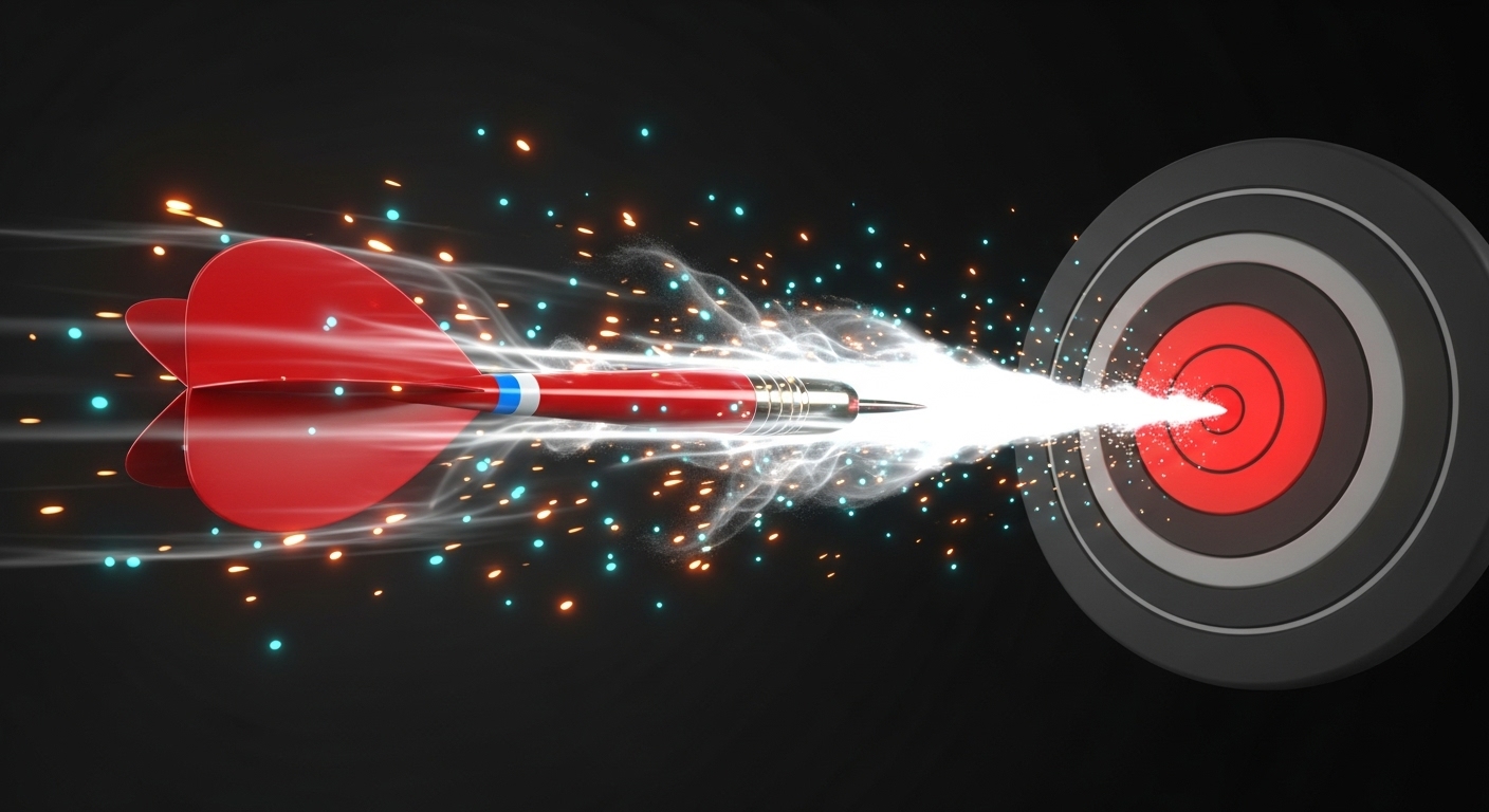 Funil de Quiz: Como Transformar seu Quiz em uma Máquina de Leads Qualificados e Aumentar suas Vendas 2 Um dardo vermelho, envolto em um rastro de luz e partículas brilhantes, atinge o centro vermelho de um alvo preto e cinza, simbolizando a precisão e o direcionamento eficaz de um funil de quiz.