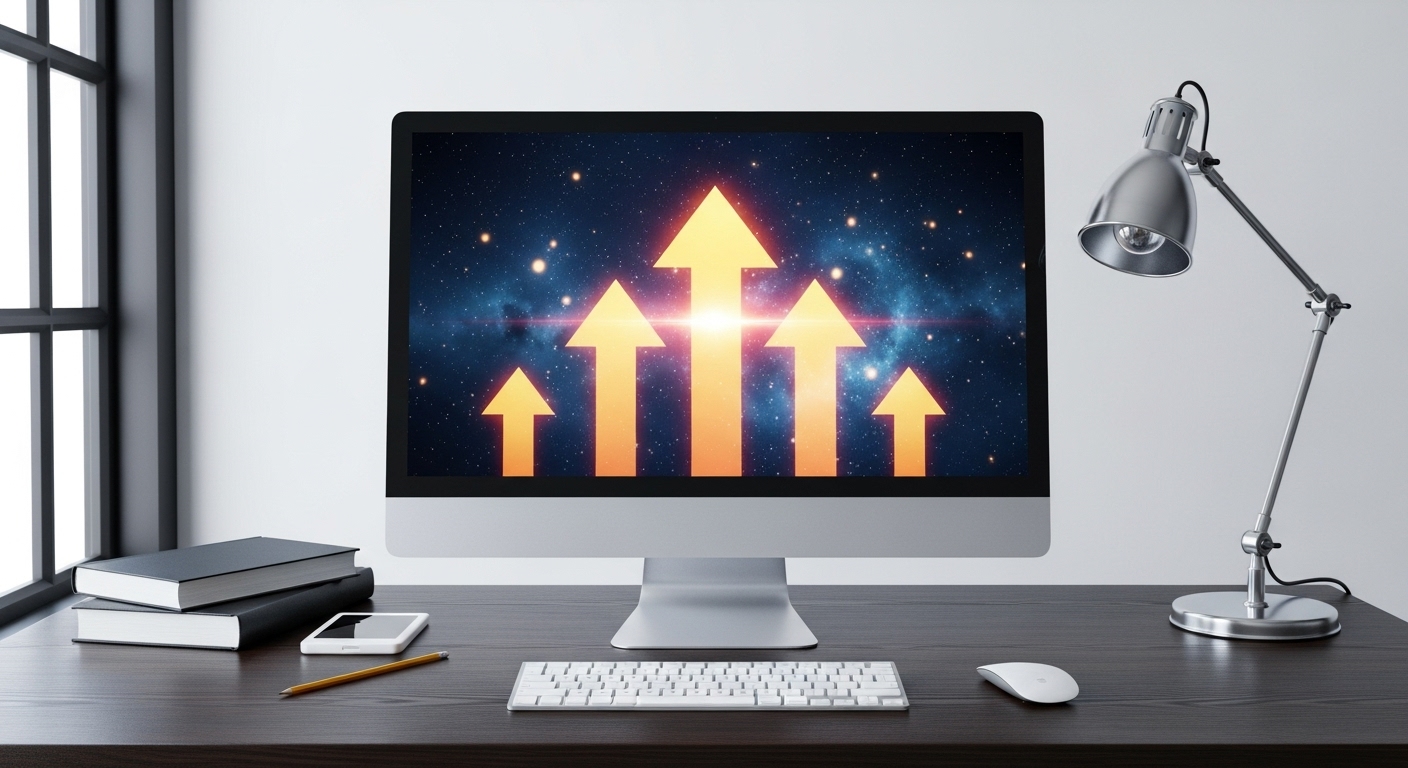 Funil de Quiz: Como Transformar seu Quiz em uma Máquina de Leads Qualificados e Aumentar suas Vendas 4 A tela de um computador exibe um gráfico de barras com setas laranjas brilhantes apontando para cima em um fundo cósmico, simbolizando o crescimento e os resultados positivos que podem ser alcançados ao utilizar um funil de quiz.