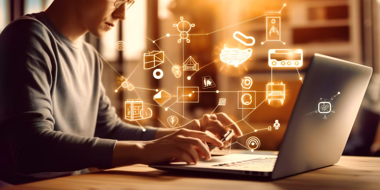 Um homem, possivelmente um desenvolvedor ou designer, trabalha em um notebook. Vários ícones digitais e esquemáticos, representando o conceito de produtos digitais, flutuam e se conectam ao redor da tela do computador, ilustrando o processo de criação e interconexão de sistemas e funcionalidades.