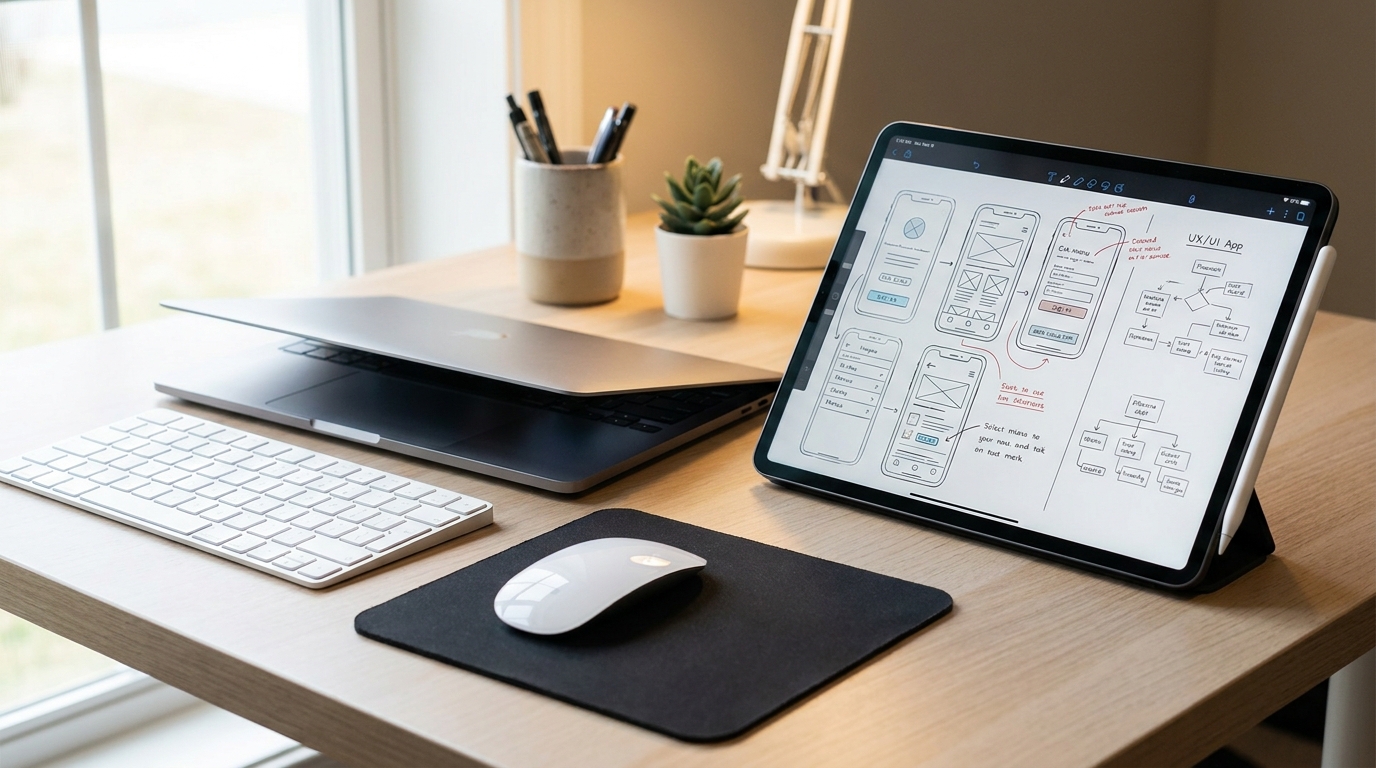 Os Pilares Essenciais Para Escalar um Produto Digital e Atingir R$100 Mil em Receita 1 Uma mesa de escritório com um notebook aberto e um tablet com uma caneta. A tela do tablet mostra um rascunho de um produto digital, com diagramas e anotações. A mesa também tem um mouse e um teclado.