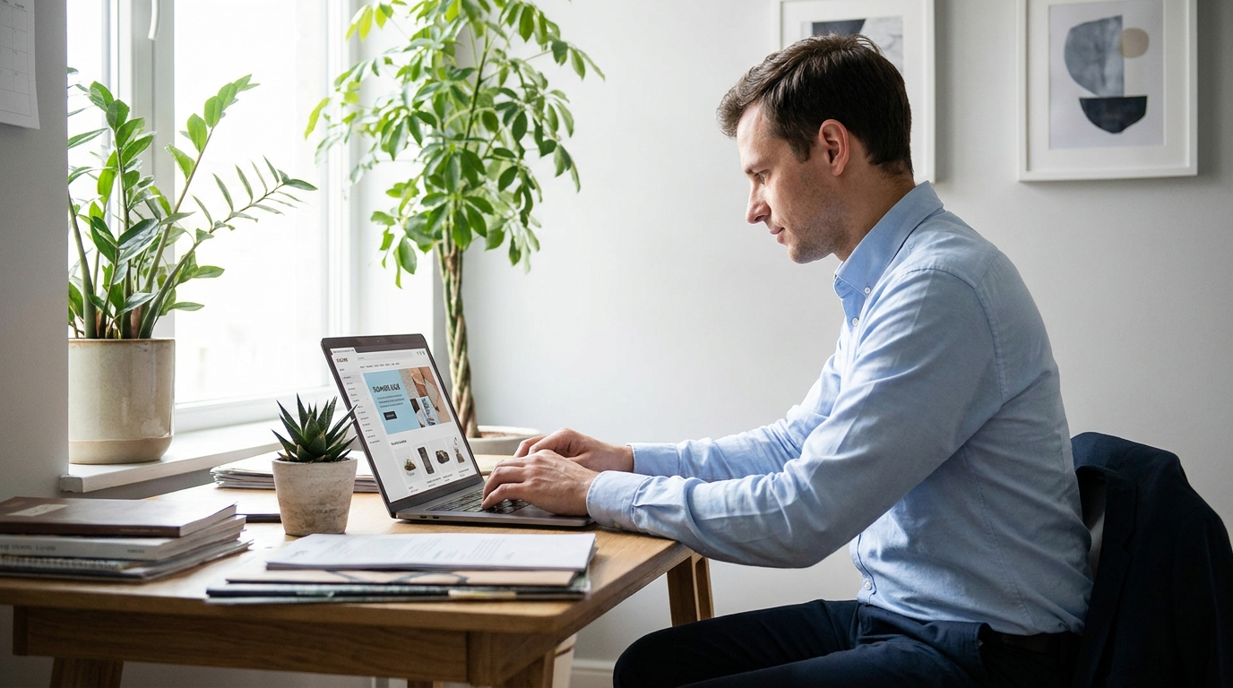 Homem em frente a um laptop, trabalhando em uma campanha de Google Ads com foco em Anúncio de Alta Conversão. A tela exibe gráficos e mapas, sugerindo otimização de marketing digital e planejamento estratégico.