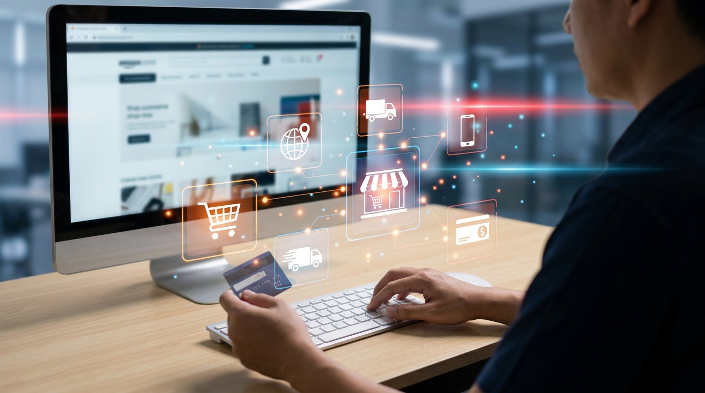 Mão segurando um cartão de crédito e digitando em um teclado, com ícones digitais de e-commerce, ilustrando o momento da compra e a aceitação de um Order Bump antes de finalizar a transação.