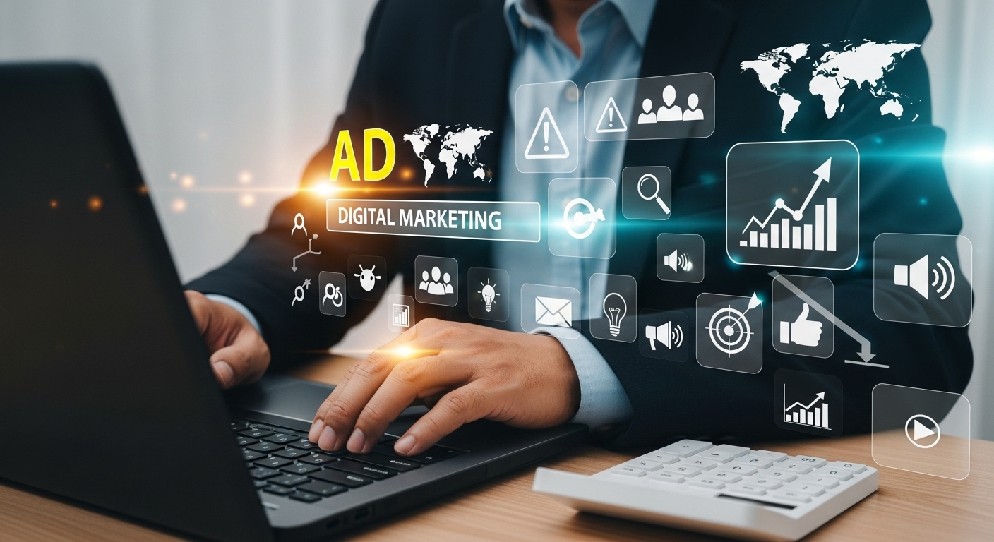 Profissional em traje social trabalhando em laptop, com a sobreposição de ícones de marketing digital, gráficos de crescimento e o texto 'AD DIGITAL MARKETING'. A imagem representa a gestão de anúncios e a atração de tráfego online.