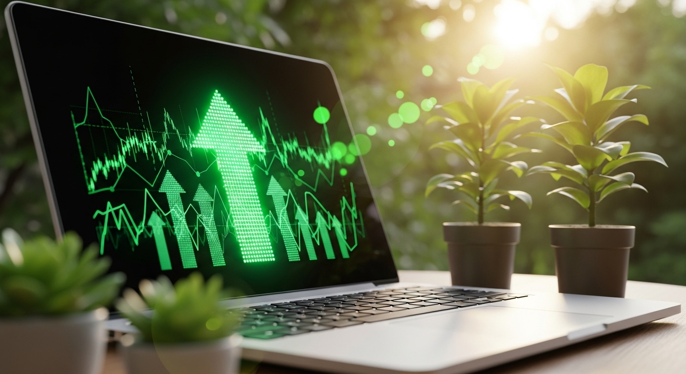 Laptop em ambiente externo com luz solar, exibindo na tela um grande gráfico de seta verde apontando para cima, cercada por linhas de tendência em ascensão. A imagem simboliza o aumento e crescimento exponencial de métricas, como o volume de tráfego.