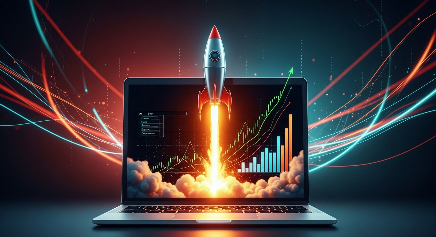 Foguete decolando da tela de um laptop, com chamas e fumaça na parte inferior. O laptop exibe gráficos de barras e linhas em crescimento rápido. A imagem simboliza o lançamento e a explosão de tráfego e resultados de marketing digital.