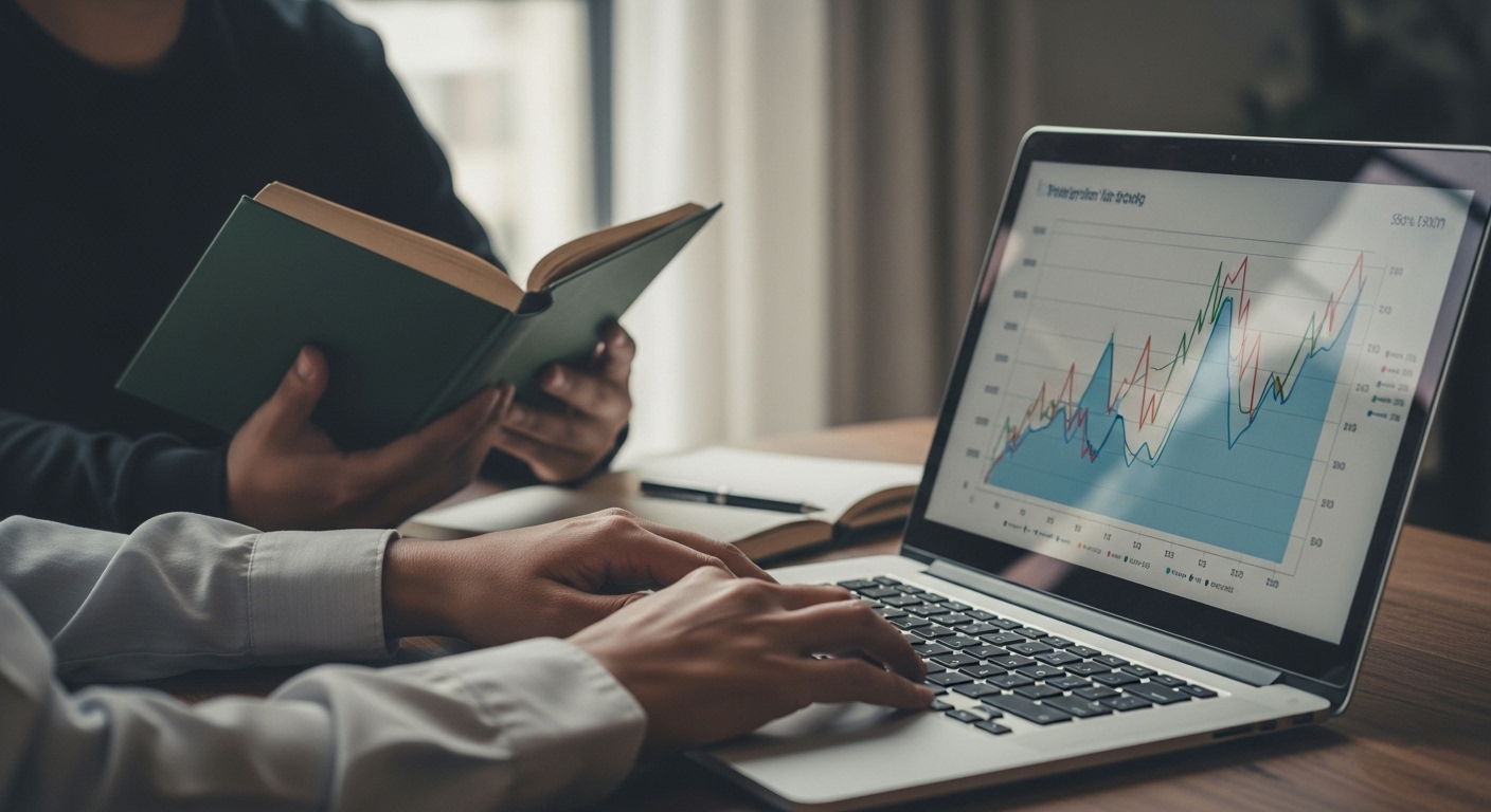 Duas pessoas em reunião de trabalho: uma digita em um laptop que exibe um gráfico de linhas complexo e detalhado, enquanto a outra pessoa lê um livro ou anota. A imagem representa a análise de métricas de tráfego e desempenho online.