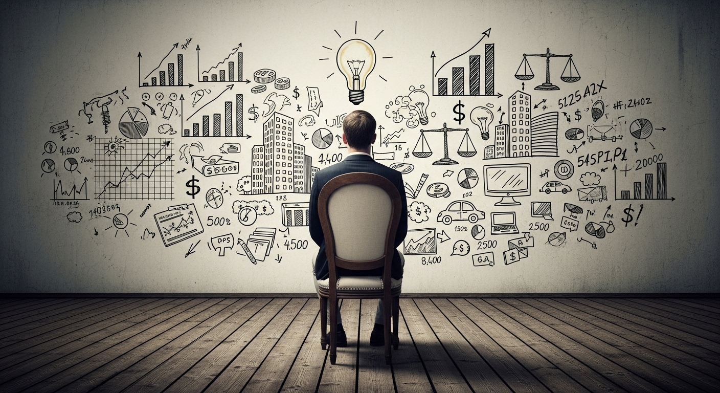 Homem de terno sentado de costas em uma cadeira, olhando para uma parede coberta de desenhos em giz que incluem gráficos de crescimento, balanças, edifícios, símbolos de dólar e uma lâmpada acesa. A imagem representa o brainstorming e o planejamento de estratégias de negócios e tráfego.