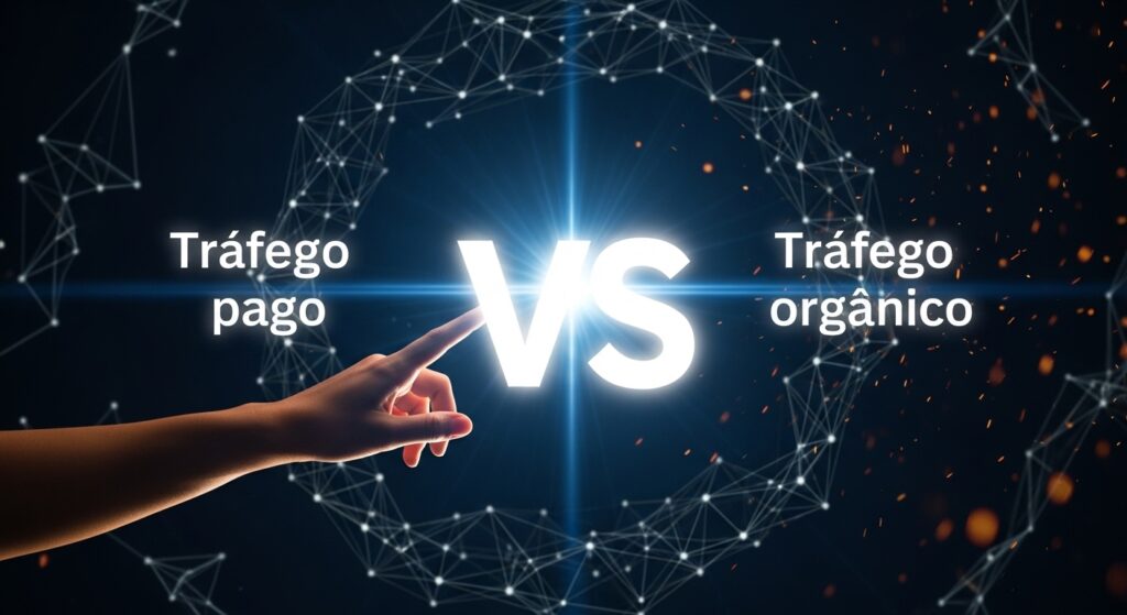 Comparativo visual entre Tráfego pago e Tráfego orgânico. Uma mão aponta para o símbolo 'VS' central, destacando o contraste entre as duas principais fontes de tráfego no marketing digital.