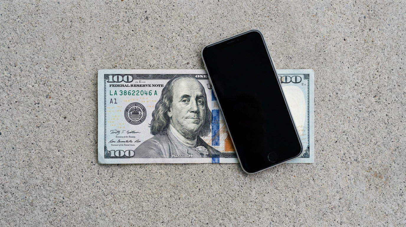 $100 em notas de dólar parcialmente cobertos por um smartphone branco, simbolizando a forma como é possível vender pelo WhatsApp e ganhar dinheiro.