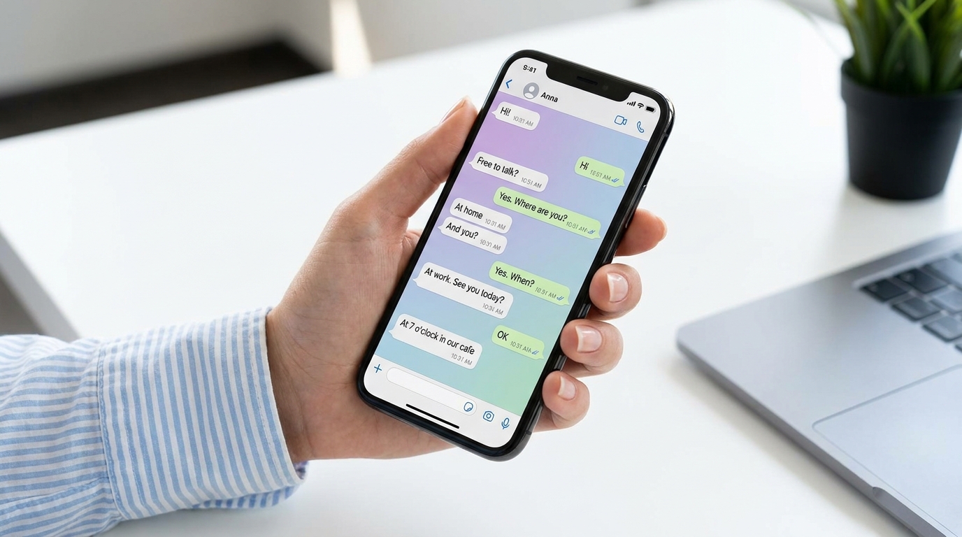 Mão segurando um celular exibindo uma tela de chat do WhatsApp com uma conversa, representando a comunicação direta e o processo de vender pelo WhatsApp por meio de mensagens.