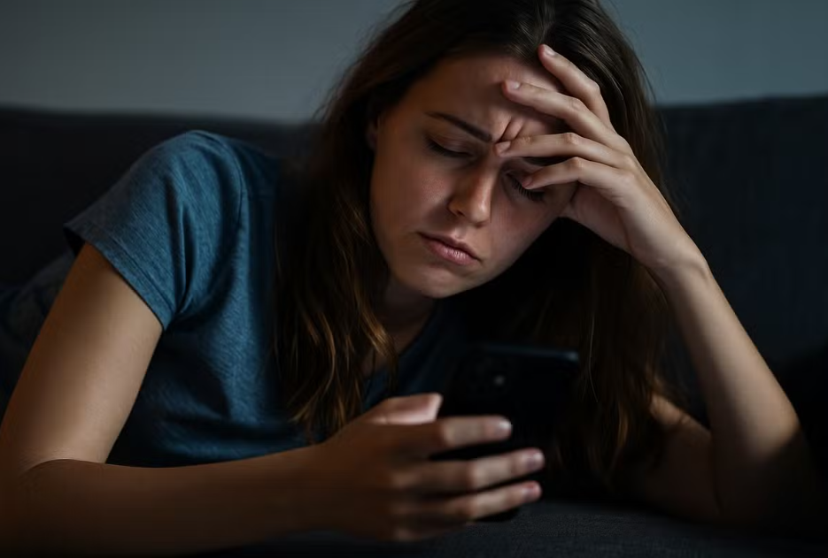 Vender Pelo WhatsApp Funciona Mesmo ou é Só Mais uma Moda? 4 Jovem usuária com expressão de frustração ou preocupação olhando para um smartphone, ilustrando os desafios de quem está tentando vender pelo WhatsApp sem a estratégia correta.