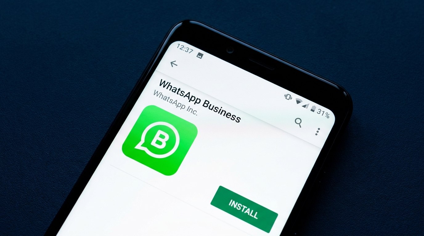 Tela de celular mostrando o aplicativo WhatsApp Business com o botão "INSTALAR", essencial para otimizar as vendas e vender pelo WhatsApp.